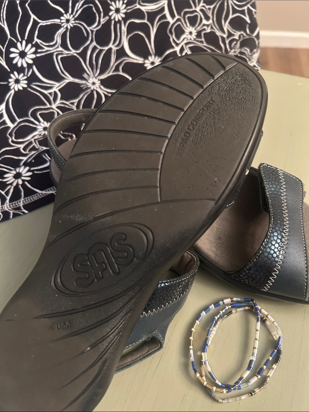 SAS Navy Leather Comfort Sandals with Subtle Metallic Accent